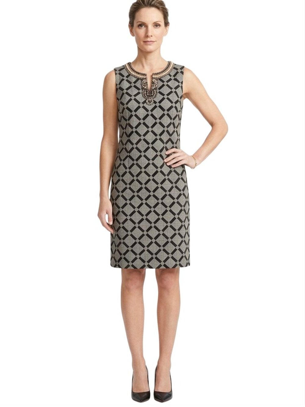 Ellen Tracy Shift Dress Tribal Beaded Boho Woven Geometric Linen Cotton Blend